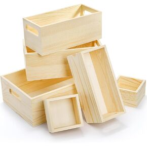 Frcctre 6 Pack Unfinished Wooden Box, 5 Sizes Natural Pinewood Nesting Storage Organizer Container Crafts Box with Handle Rustic Treasure Boxes for Arts Crafts, Storage, Home Decor