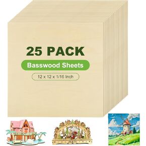 25Pcs 12 x 12 x 1/16 Inch Basswood Sheets, 1.5mm Unfinished Basswood Sheets Plywood Sheetsfor Arts and Crafts, Painting, Pyrography, Wood Engraving, Wood Burning, Laser, Architectural Models