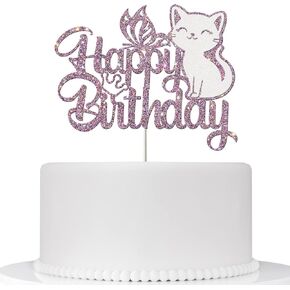 Cat Happy Birthday Cake Topper, Butterfly Cake Topper, Kitten Pet Themed Birthday, Cute Meow Pawty Birthday Party - Boy Girl Baby Shower Party Decoration - Purple&White Glitter