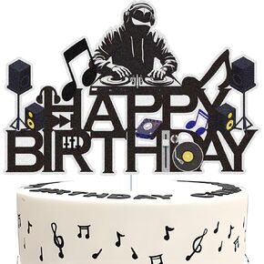 Dj Disco Happy Birthday Cake Topper Music Rock Disco Hip Hop Black Glitter Cake Decoration Carnival party Dj Disco Unisex adult Theme Birthday Party Supplies