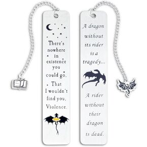 Dragon Metal Bookmarks – Set of 2 Engraved Fantasy Bookmark with Charms, Cool Bookmarks for Women and Men, Bookish Quotes Gifts for Readers, Magical Academy Book Accessories (Style 2)