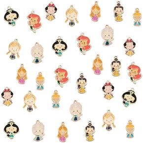 32pcs Enamel Princess Charms - Mini Size Cute Cartoon Girl Mermaid Princess Charms for Jewelry Making DIY Necklace Bracelet Earrings Keychains Handbags Decoration, 8 Styles