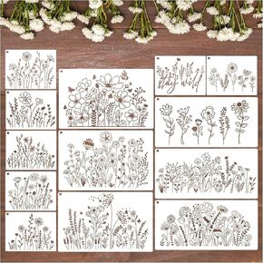13PCS Wildflower Stencils for Painting on Walls, Reusable Large Stencils for Crafts, Wall Stencils for Painting, DIY Art for Fence, Wood, Fabric, Garden, Walls, Furniture, Crafts