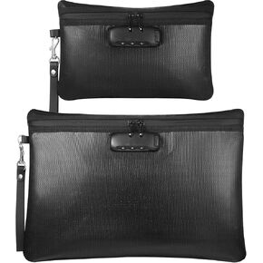 Nezyo Fireproof Safe Money Document Bag with Lock 2 Pcs Notary Journal Waterproof Bag with Zipper for A4 Storage Pouch File Passport Tablet, 14 x 10 Inch and 6.7 x 10 Inch(Black,Horizontal)
