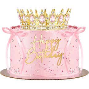 8 Pcs Happy Birthday Queen Crown Cake Topper for Women Princess Tiaras Headband with Bow Tie Wedding Cake Decorations for Birthday Party Supplies(Gold and Pink)