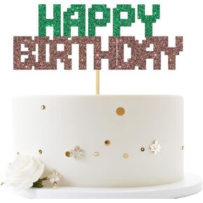 Happy Birthday Cake Topper, Green&Brown Glitter Cake Topper, Cartoon Pixel Video Game Theme Decor - Baby Shower/Boy/Men Birthday Party Cake Decorations