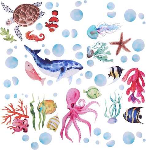 6pcs Ocean Creature Marine Bathtub Stickers, 5.9x7.8 Inch Colorful Waterproof Large Non-Slip Coral Octopus Starfish Whale Turtle Adhesive Decals Threads for Kids Sea Bath Tub Shower Floor in Kuwait