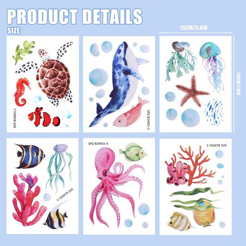 6pcs Ocean Creature Marine Bathtub Stickers, 5.9x7.8 Inch Colorful Waterproof Large Non-Slip Coral Octopus Starfish Whale Turtle Adhesive Decals Threads for Kids Sea Bath Tub Shower Floor in Kuwait