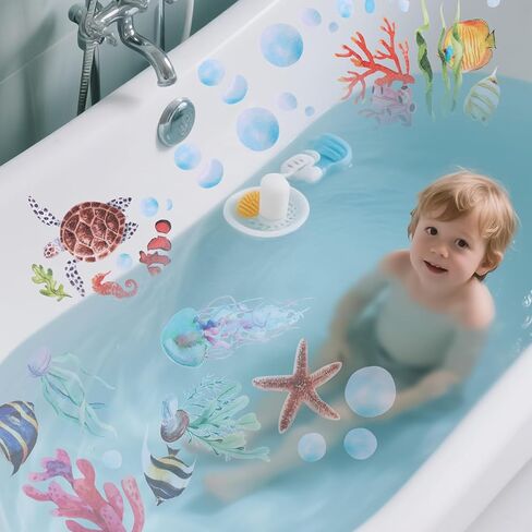6pcs Ocean Creature Marine Bathtub Stickers, 5.9x7.8 Inch Colorful Waterproof Large Non-Slip Coral Octopus Starfish Whale Turtle Adhesive Decals Threads for Kids Sea Bath Tub Shower Floor in Kuwait