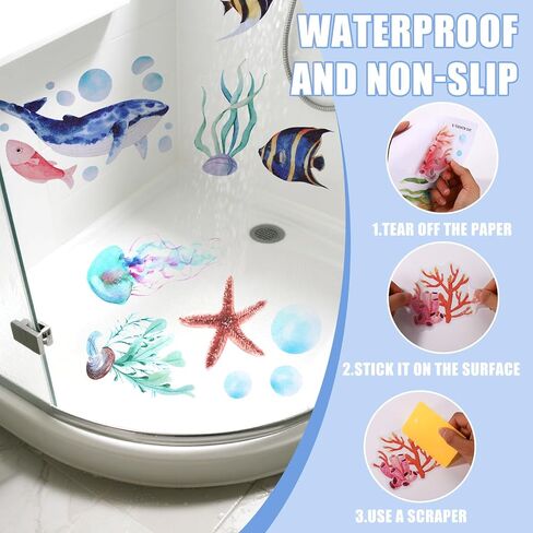 6pcs Ocean Creature Marine Bathtub Stickers, 5.9x7.8 Inch Colorful Waterproof Large Non-Slip Coral Octopus Starfish Whale Turtle Adhesive Decals Threads for Kids Sea Bath Tub Shower Floor in Kuwait