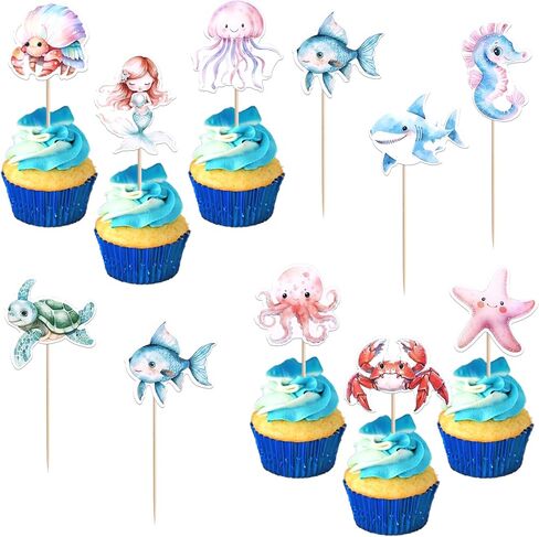 40 PCS Ocean Animal Cupcake Toppers Octopus Seahorse Turtles Cupcake يختار تحت زخارف حفل البحر تحت عنوان Sea Shower Duffer Birthday Cake Cake Supplies in Saudi Arabia