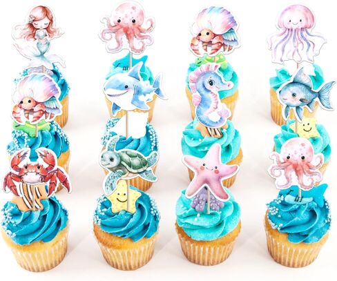 40 PCS Ocean Animal Cupcake Toppers Octopus Seahorse Turtles Cupcake يختار تحت زخارف حفل البحر تحت عنوان Sea Shower Duffer Birthday Cake Cake Supplies in Saudi Arabia