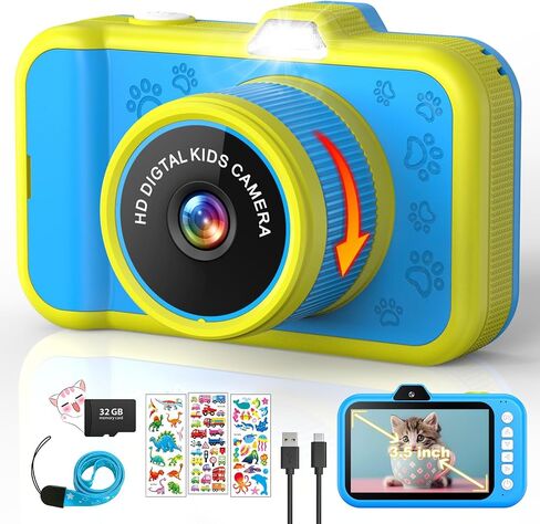 Kids Camera, Toddler Digital Camera with Rotating Zoom Lens, 3.5" Large Screen, 1080P Toy Camera for Kids with Flash, 32GB Card, Birthday Gifts for Boys Girls 3 4 5 6 7 8 9 10 11 12 Year Old in Kuwait