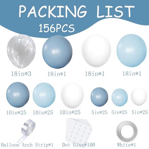 156 ٪ من طقم قوس البالون الأزرق المتربة بأحجام مختلفة زرقاء فاتحة اللون الأزرق والأبيض والبالونات اللاتكس الصافية طقم قوس جارلاند للاستحمام الطفل الكشف عن زواج عيد ميلاد الزفاف لصالح الصبي in Kuwait