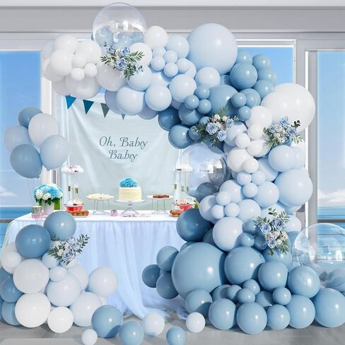 156 ٪ من طقم قوس البالون الأزرق المتربة بأحجام مختلفة زرقاء فاتحة اللون الأزرق والأبيض والبالونات اللاتكس الصافية طقم قوس جارلاند للاستحمام الطفل الكشف عن زواج عيد ميلاد الزفاف لصالح الصبي in Kuwait