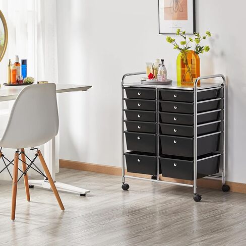 Topeakmart 12-Drawer Rolling Cart Organizer Plastic Storage Drawers Craft Trolley Utility Cart 360 Castors Wheels Black in Kuwait