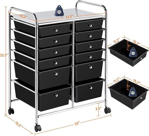 Topeakmart 12-Drawer Rolling Cart Organizer Plastic Storage Drawers Craft Trolley Utility Cart 360 Castors Wheels Black in Kuwait