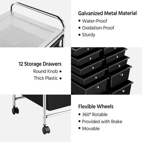 Topeakmart 12-Drawer Rolling Cart Organizer Plastic Storage Drawers Craft Trolley Utility Cart 360 Castors Wheels Black in Kuwait