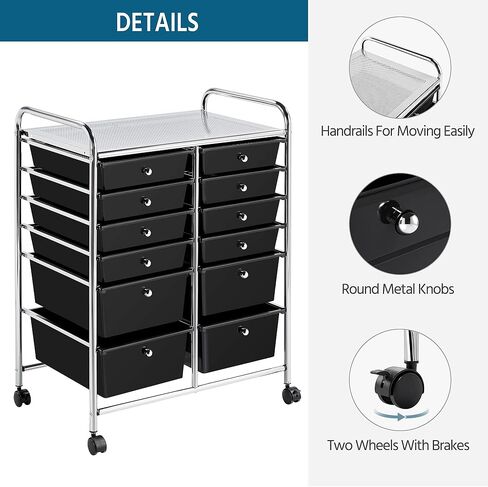 Topeakmart 12-Drawer Rolling Cart Organizer Plastic Storage Drawers Craft Trolley Utility Cart 360 Castors Wheels Black in Kuwait