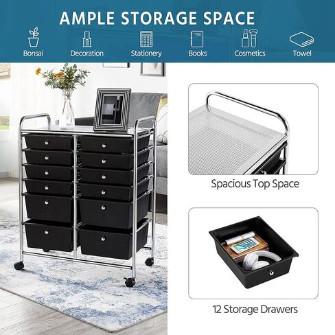 Topeakmart 12-Drawer Rolling Cart Organizer Plastic Storage Drawers Craft Trolley Utility Cart 360 Castors Wheels Black in Kuwait