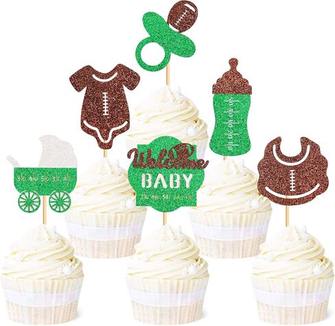 Ercadio 24 Pack Rugby Welcome Baby Cupcake Toppers Green Glitter Football Cupcake Picks First Down Baby Feed Bottle Suit Cake Toppers for Rugby Theme Baby Shower Birthday Party Supplies in Saudi Arabia