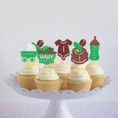 Ercadio 24 Pack Rugby Welcome Baby Cupcake Toppers Green Glitter Football Cupcake Picks First Down Baby Feed Bottle Suit Cake Toppers for Rugby Theme Baby Shower Birthday Party Supplies in Saudi Arabia