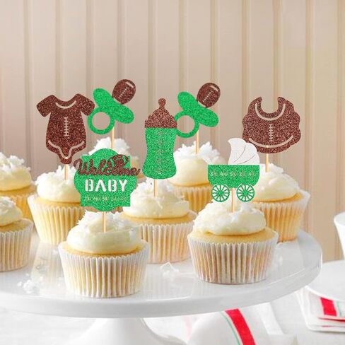 Ercadio 24 Pack Rugby Welcome Baby Cupcake Toppers Green Glitter Football Cupcake Picks First Down Baby Feed Bottle Suit Cake Toppers for Rugby Theme Baby Shower Birthday Party Supplies in Saudi Arabia