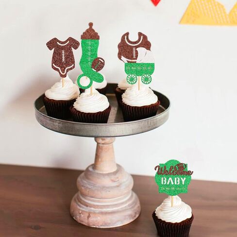Ercadio 24 Pack Rugby Welcome Baby Cupcake Toppers Green Glitter Football Cupcake Picks First Down Baby Feed Bottle Suit Cake Toppers for Rugby Theme Baby Shower Birthday Party Supplies in Saudi Arabia