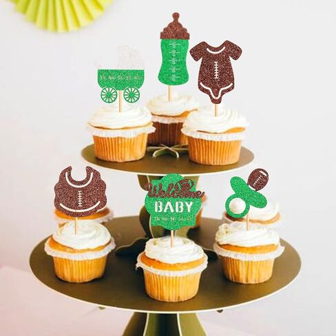 Ercadio 24 Pack Rugby Welcome Baby Cupcake Toppers Green Glitter Football Cupcake Picks First Down Baby Feed Bottle Suit Cake Toppers for Rugby Theme Baby Shower Birthday Party Supplies in Saudi Arabia