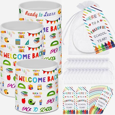 Kenning 72 Pcs 24 Set Welcome Back to School Rubber Bracelets Gift Set First Day of School Party Supplies Organza Bags and Gift Label Tags Classroom Prizes Gifts Goodie Bag Fillers(Black Color) in Saudi Arabia