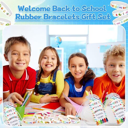 Kenning 72 Pcs 24 Set Welcome Back to School Rubber Bracelets Gift Set First Day of School Party Supplies Organza Bags and Gift Label Tags Classroom Prizes Gifts Goodie Bag Fillers(Black Color) in Saudi Arabia