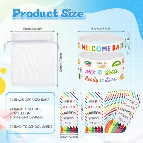 Kenning 72 Pcs 24 Set Welcome Back to School Rubber Bracelets Gift Set First Day of School Party Supplies Organza Bags and Gift Label Tags Classroom Prizes Gifts Goodie Bag Fillers(Black Color) in Saudi Arabia