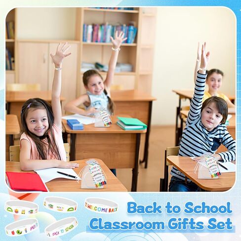 Kenning 72 Pcs 24 Set Welcome Back to School Rubber Bracelets Gift Set First Day of School Party Supplies Organza Bags and Gift Label Tags Classroom Prizes Gifts Goodie Bag Fillers(Black Color) in Saudi Arabia