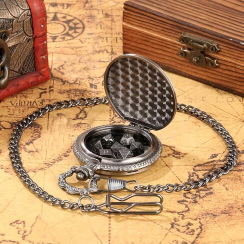 Mini DND Dice Set with Border Standing Dragon Pattern Pocket Watch Shell Case, 7pcs Polyhedral Mini Metal Dice Set, D&D Gifts with Gift Bag, Role Playing Board Game Accessories, Dark Silver in Kuwait