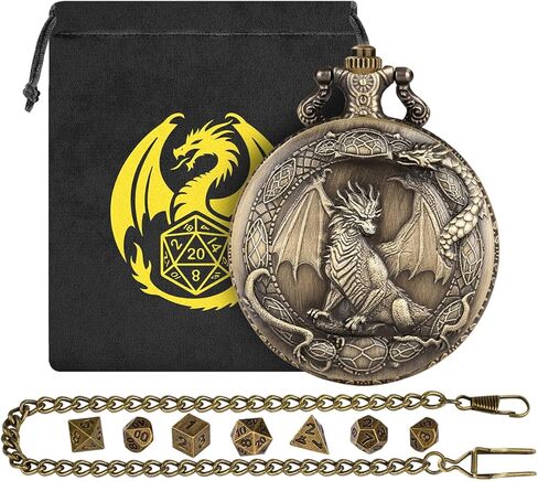 Mini DND Dice Set with Border Standing Dragon Pattern Pocket Watch Shell Case, 7pcs Polyhedral Mini Metal Dice Set, D&D Gifts with Gift Bag, Role Playing Board Game Accessories, Dark Silver in Kuwait