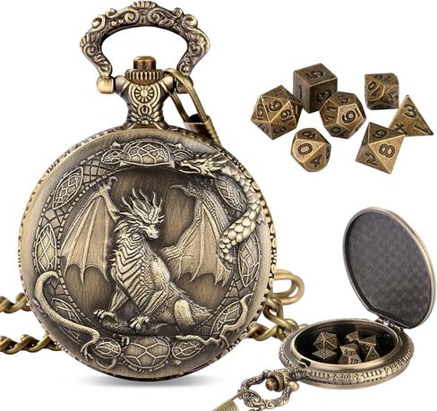 Mini DND Dice Set with Border Standing Dragon Pattern Pocket Watch Shell Case, 7pcs Polyhedral Mini Metal Dice Set, D&D Gifts with Gift Bag, Role Playing Board Game Accessories, Dark Silver in Kuwait