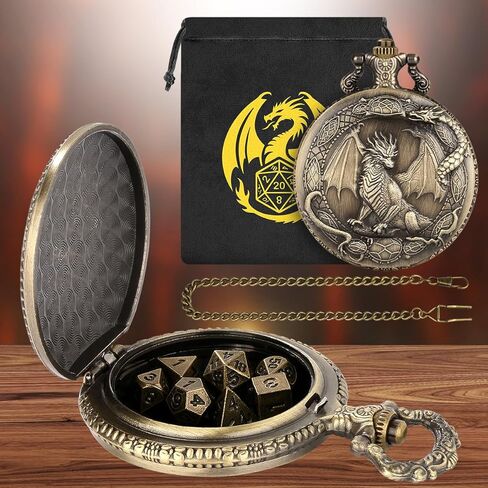Mini DND Dice Set with Border Standing Dragon Pattern Pocket Watch Shell Case, 7pcs Polyhedral Mini Metal Dice Set, D&D Gifts with Gift Bag, Role Playing Board Game Accessories, Dark Silver in Kuwait