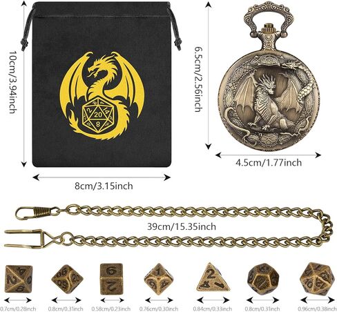 Mini DND Dice Set with Border Standing Dragon Pattern Pocket Watch Shell Case, 7pcs Polyhedral Mini Metal Dice Set, D&D Gifts with Gift Bag, Role Playing Board Game Accessories, Dark Silver in Kuwait