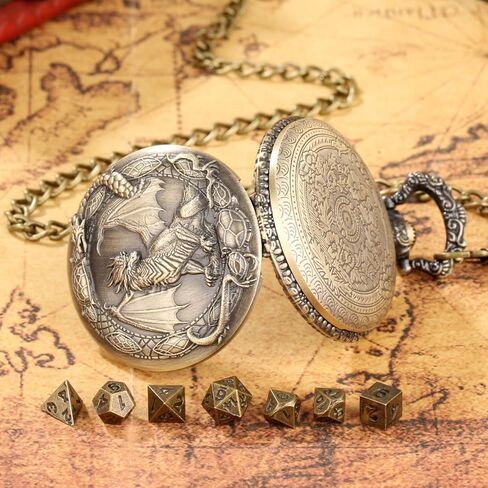 Mini DND Dice Set with Border Standing Dragon Pattern Pocket Watch Shell Case, 7pcs Polyhedral Mini Metal Dice Set, D&D Gifts with Gift Bag, Role Playing Board Game Accessories, Dark Silver in Kuwait