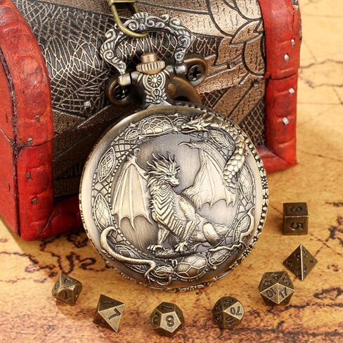 Mini DND Dice Set with Border Standing Dragon Pattern Pocket Watch Shell Case, 7pcs Polyhedral Mini Metal Dice Set, D&D Gifts with Gift Bag, Role Playing Board Game Accessories, Dark Silver in Kuwait