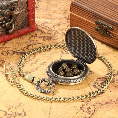 Mini DND Dice Set with Border Standing Dragon Pattern Pocket Watch Shell Case, 7pcs Polyhedral Mini Metal Dice Set, D&D Gifts with Gift Bag, Role Playing Board Game Accessories, Dark Silver in Kuwait