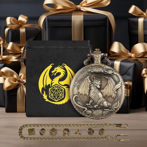 Mini DND Dice Set with Border Standing Dragon Pattern Pocket Watch Shell Case, 7pcs Polyhedral Mini Metal Dice Set, D&D Gifts with Gift Bag, Role Playing Board Game Accessories, Dark Silver in Kuwait