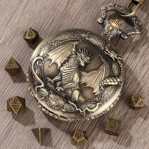 Mini DND Dice Set with Border Standing Dragon Pattern Pocket Watch Shell Case, 7pcs Polyhedral Mini Metal Dice Set, D&D Gifts with Gift Bag, Role Playing Board Game Accessories, Dark Silver in Kuwait