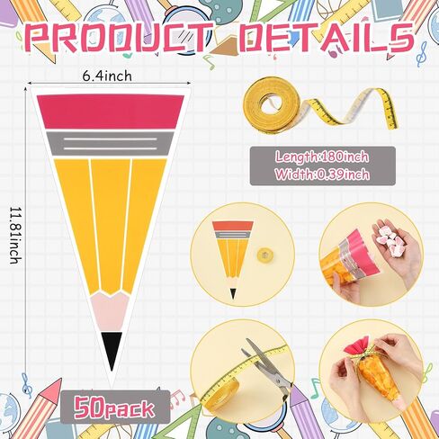 yexiya 50 PCS 5.12 "× 9.84" العودة إلى مدرسة هدايا القلم الرصاص مخروط الفشار البلاستيك واضحة معالجة أكياس حلوى الفشار مع الشريط للفصول الدراسية ترحيب اليوم الأول من هدية مدرس المدرسة in Kuwait