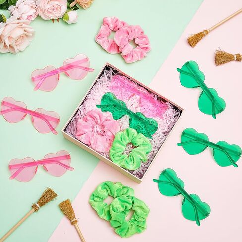 24 Pcs Witch Party Favor Supplies Hair Scrunchies and Sunglasses 12 Silk Satin Scrunchies 12 Heart Shaped Glasses for Witch Party Favor(Pink, Light Green) in Saudi Arabia