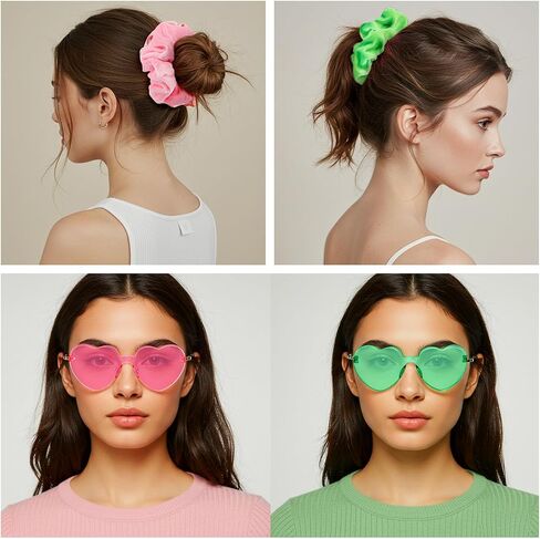 24 Pcs Witch Party Favor Supplies Hair Scrunchies and Sunglasses 12 Silk Satin Scrunchies 12 Heart Shaped Glasses for Witch Party Favor(Pink, Light Green) in Saudi Arabia