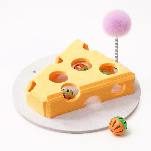 Cat Puzzle Toy with Balls & Spring Teaser – Felt Cat Toy Box for Indoor Cats, Suction Cup Base, Treat Puzzle for Solo Play, Mental Stimulation, Self Play, Hunting & Enrichment (Yellow) in Saudi Arabia