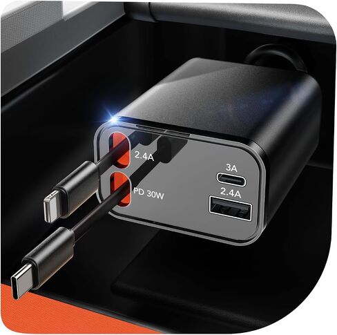 شاحن سيارة قابل للسحب، شاحن سيارة 4 في 1 USB C بقدرة 60 وات، كابلات قابلة للسحب (2.6 قدم) ومحول شاحن سيارة بمنفذي USB، متوافق مع iPhone 15/14/13/12/11 Pro Max/XS MAX، iPad، Galaxy S23/ S22 in Saudi Arabia