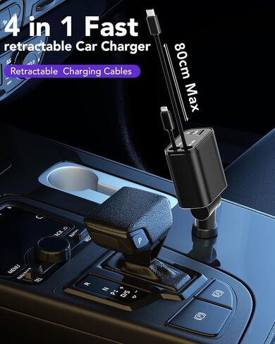 شاحن سيارة قابل للسحب، شاحن سيارة 4 في 1 USB C بقدرة 60 وات، كابلات قابلة للسحب (2.6 قدم) ومحول شاحن سيارة بمنفذي USB، متوافق مع iPhone 15/14/13/12/11 Pro Max/XS MAX، iPad، Galaxy S23/ S22 in Saudi Arabia