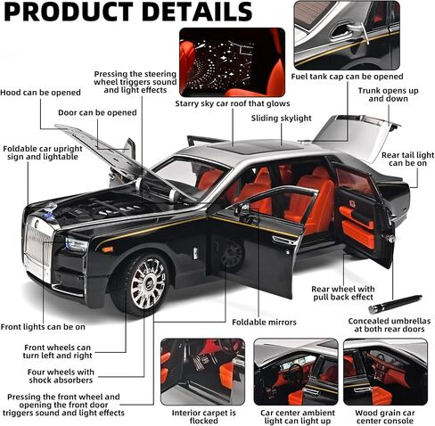 Car Toys for Boys 1/18 Diecast Cars Phantom Model Car Kits Collectible Suitability for Children and Adults,Pull Back Cars with Light and Sound,Toy Cars for Boys Age 4-7（Silver） in Saudi Arabia